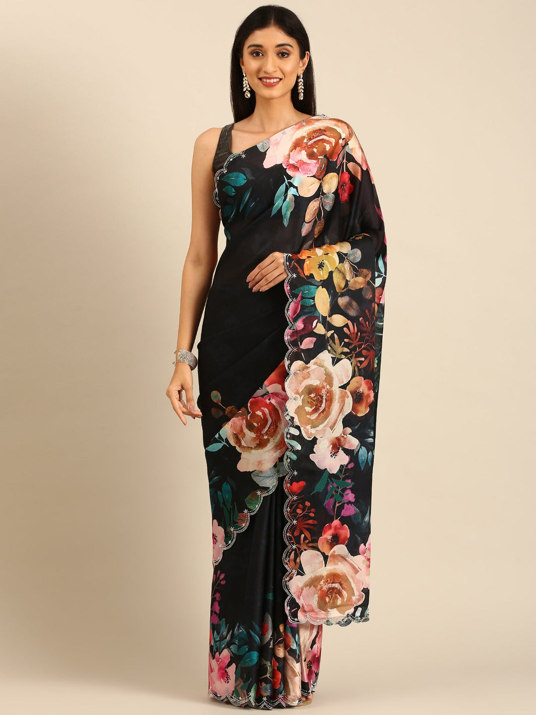 Neerus Black satin embellished saree with floral print - front view