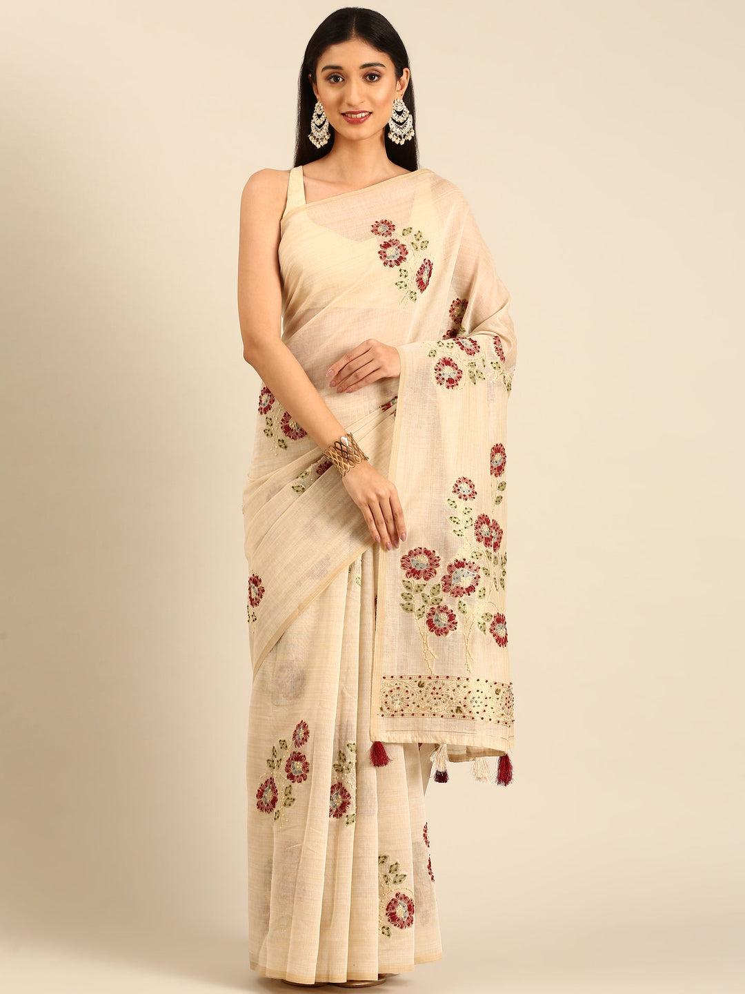 Neerus Beige Chanderi embellished saree - front view