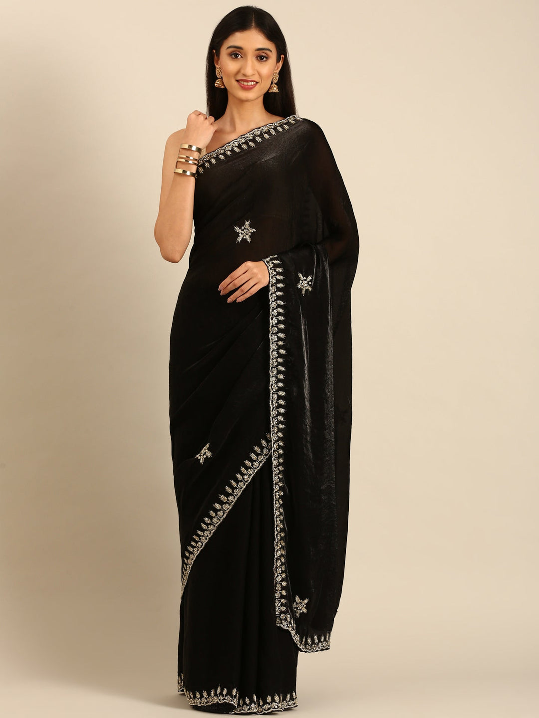 Neerus Black tissue embellished saree - front view