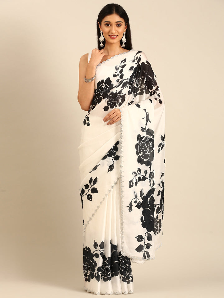 Black & White Floral Printed Satin Saree With Swarovski Embroidery