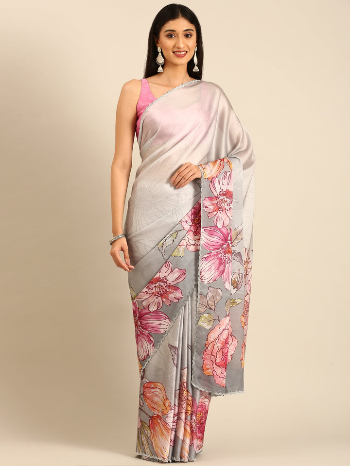 Neerus Satin floral embellished saree - front view