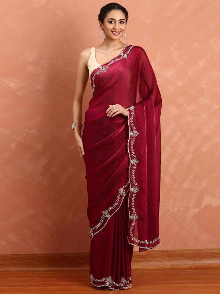 Neerus Maroon tissue hand embroidered saree - front view