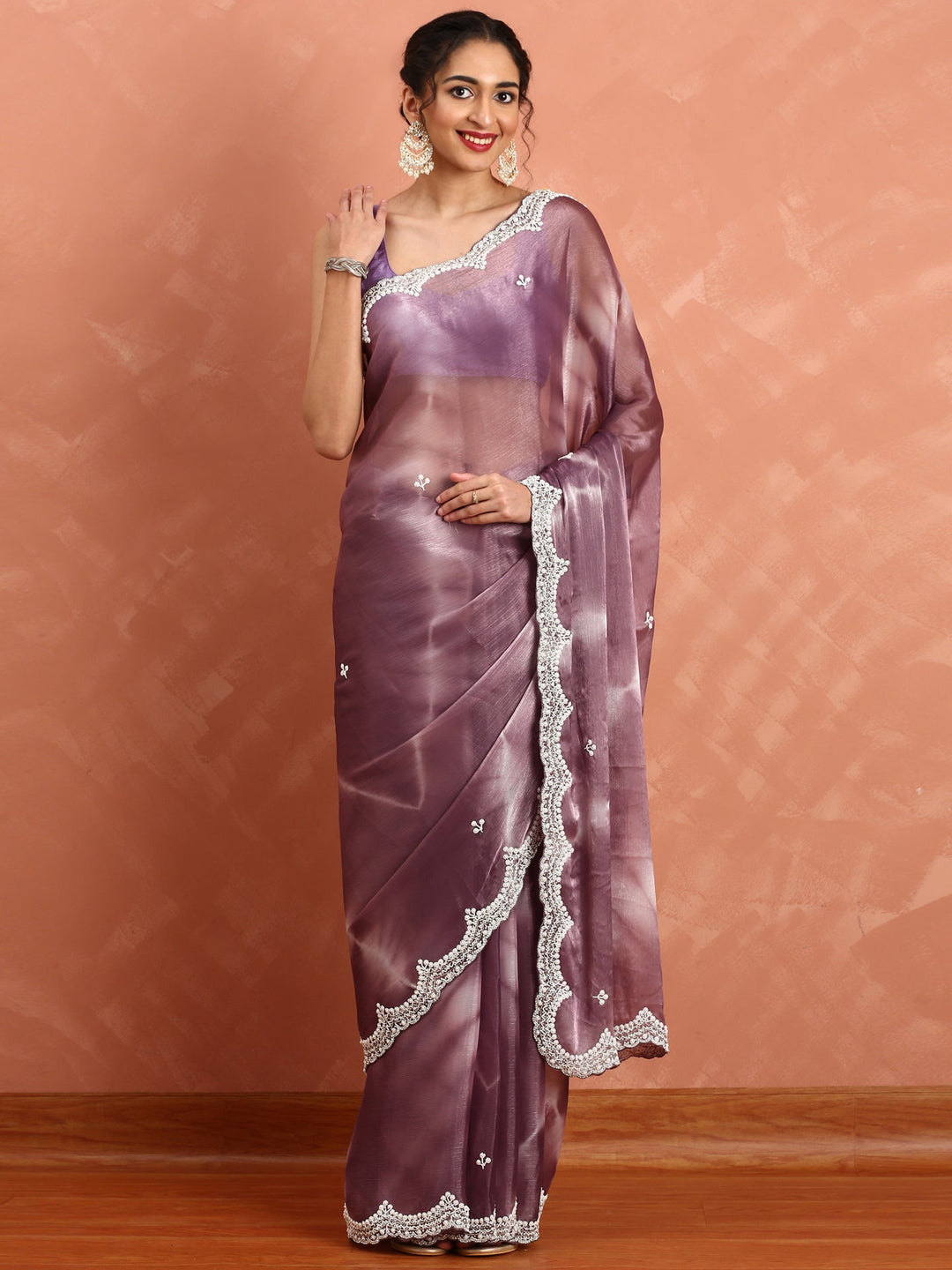 Neerus Pink organza hand embroidered saree - detail view 1