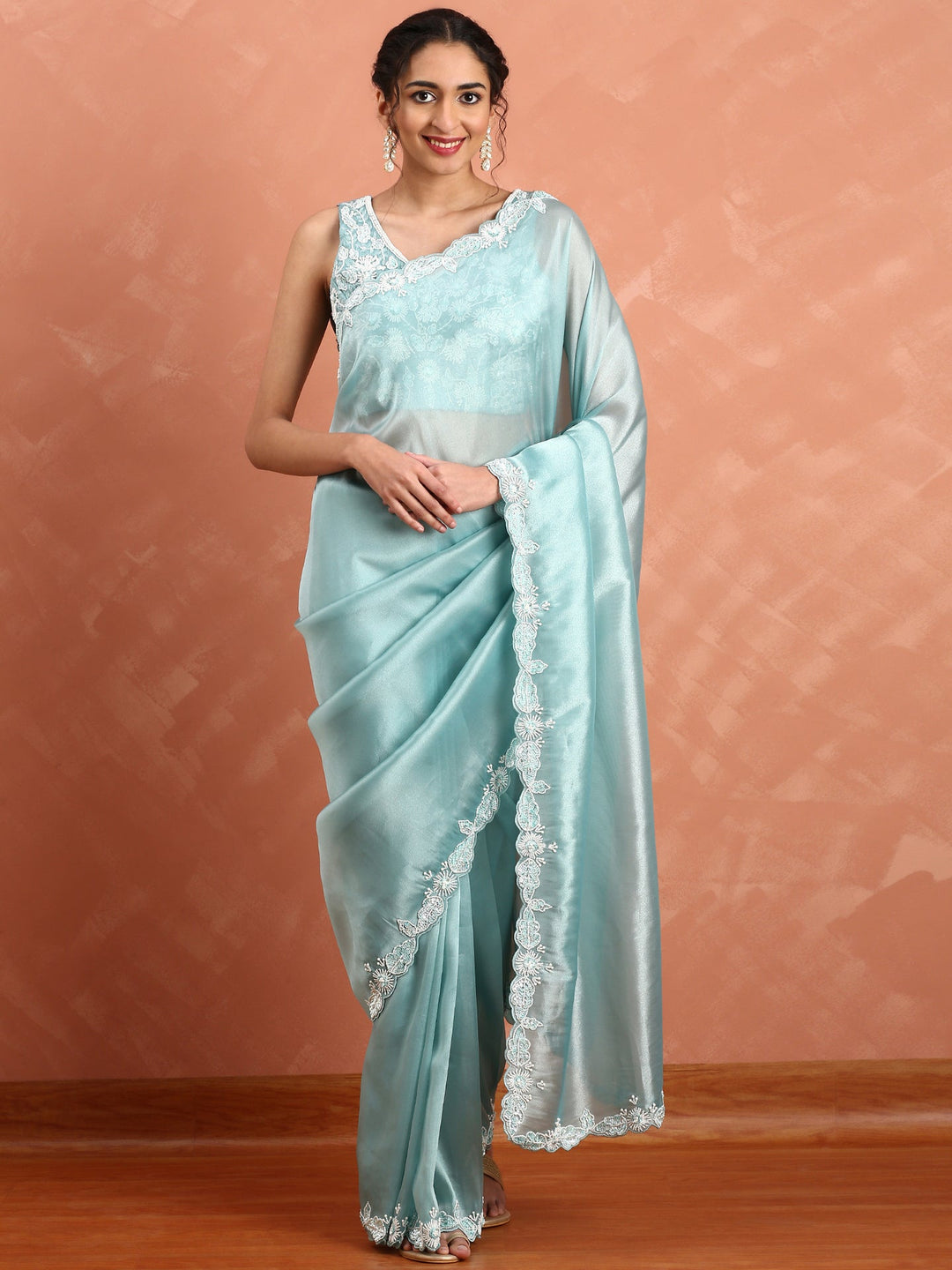 Neerus Blue tissue embellished saree with pearl and sequin work - front view