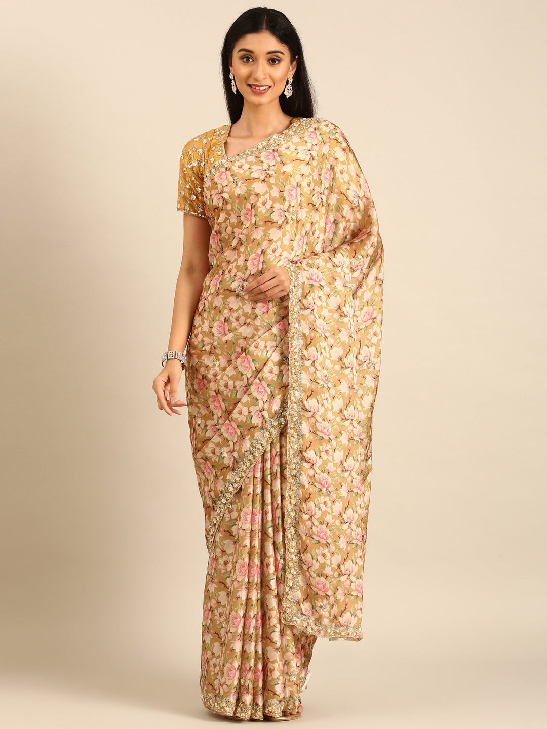 Neerus Yellow satin embellished saree with readymade blouse - front view
