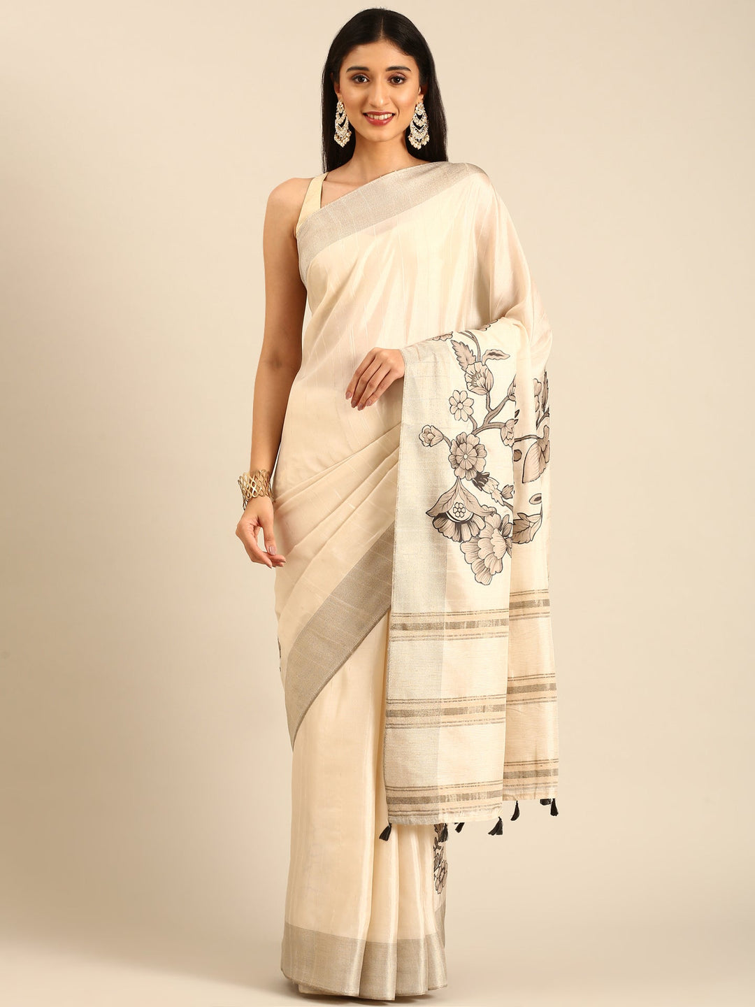 Neerus White raw silk printed saree with floral motif - front view