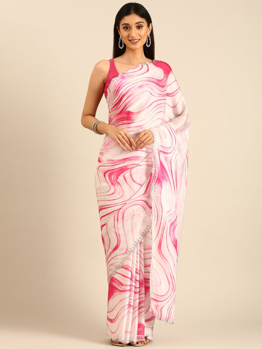 Neerus White satin embellished saree - front view