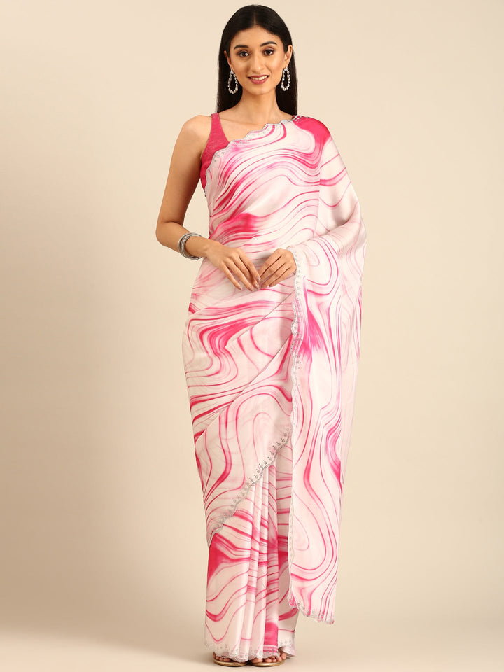 Neerus White satin embellished saree - front view