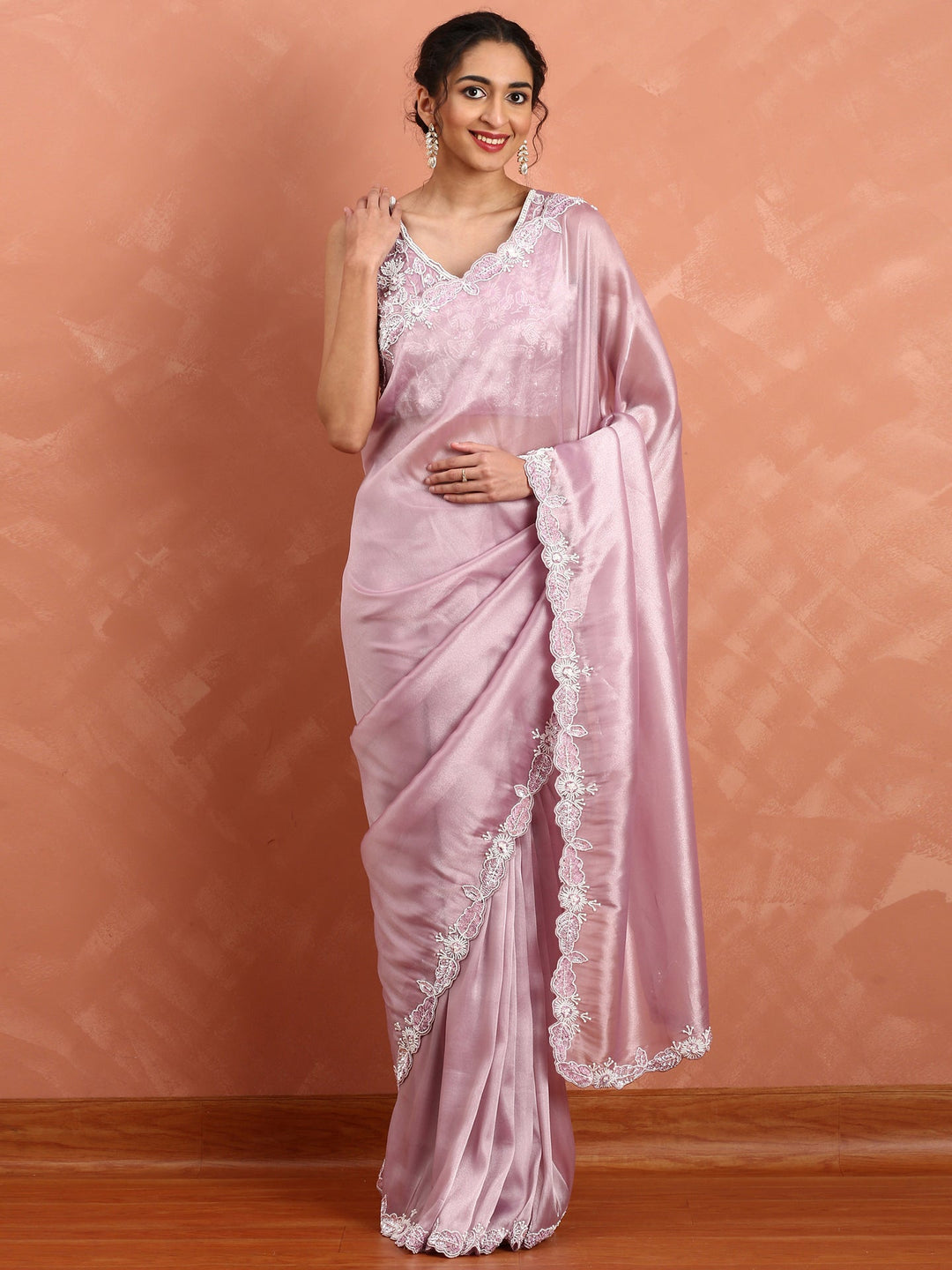 Neerus Purple tissue embellished saree with pearls and sequins - front view