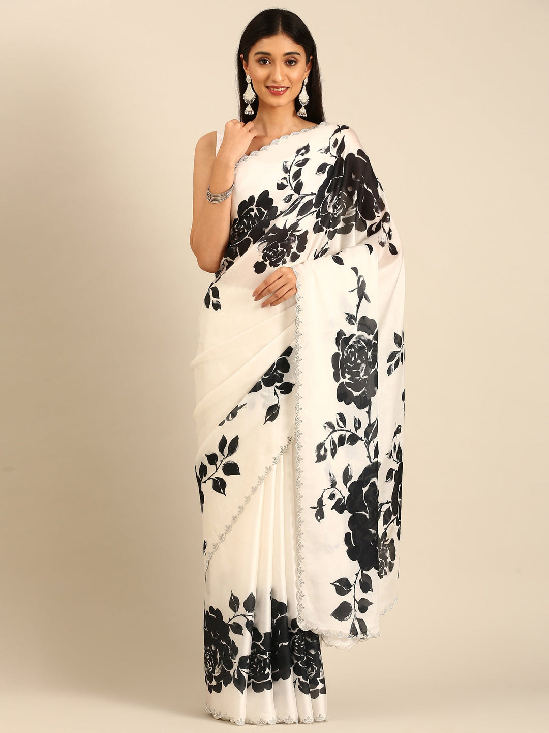 Neerus Black satin embellished saree with floral print - front view