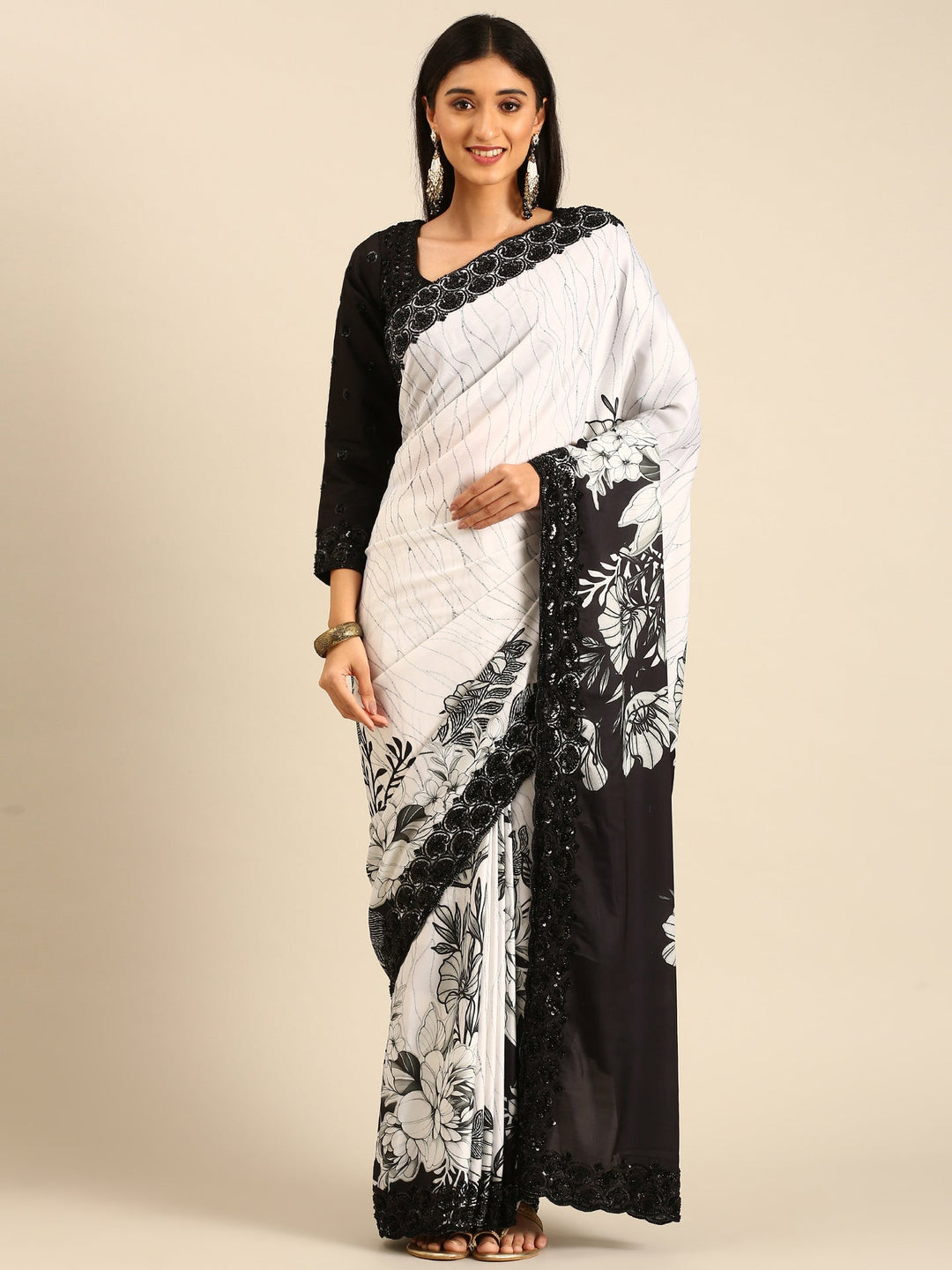 Neerus Black satin hand embroidered printed saree with blouse - front view