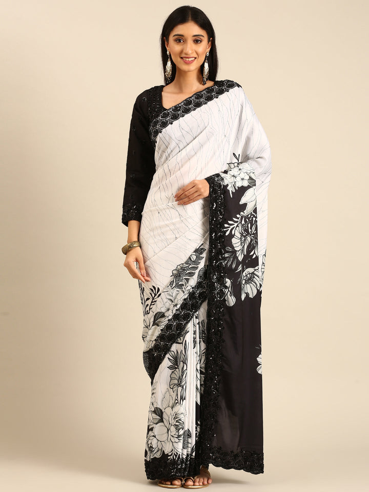 Neerus Black satin hand embroidered printed saree with blouse - front view