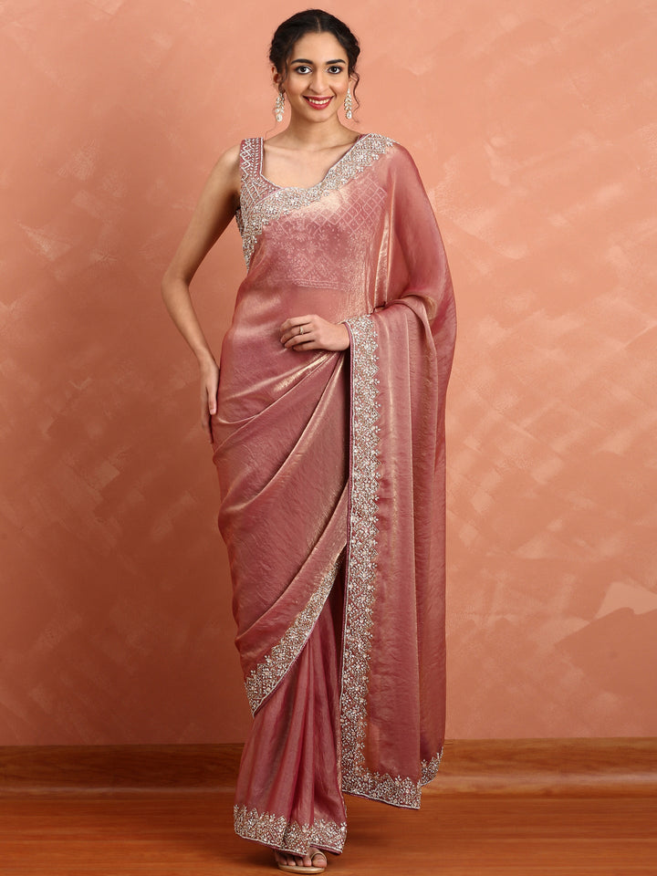 Neerus Pink tissue embellished saree with Swarovski embroidery - front view
