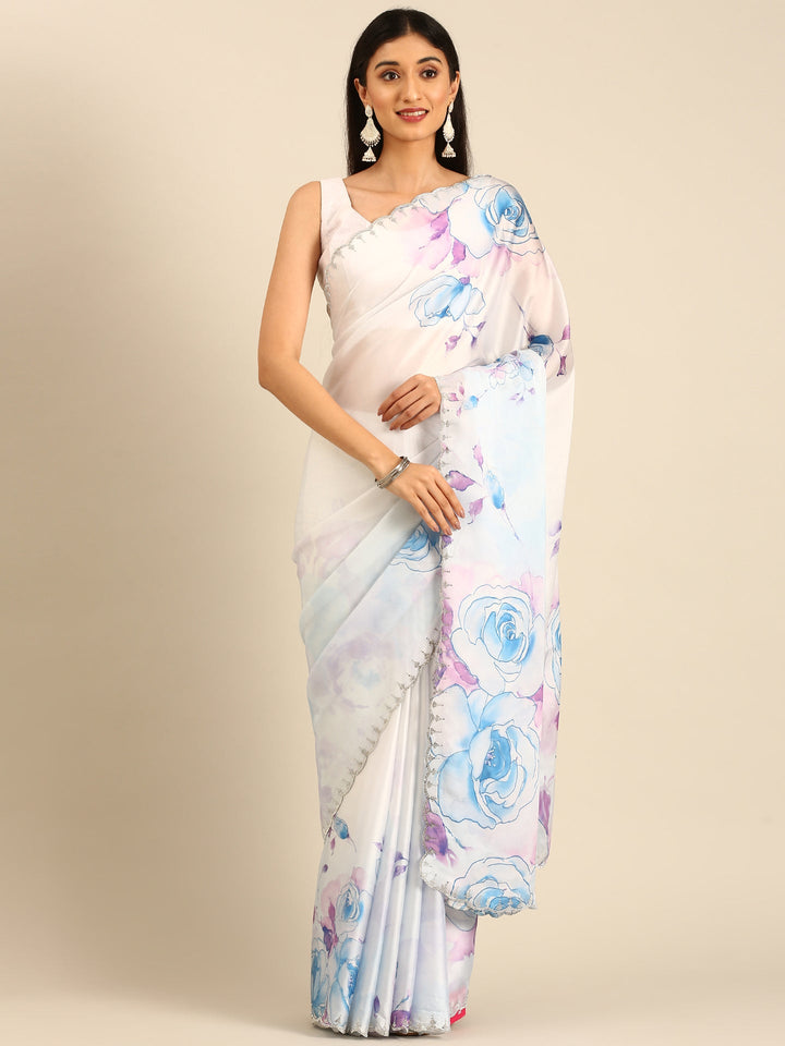 Neerus Blue Satin Embellished Floral Printed Saree - front view