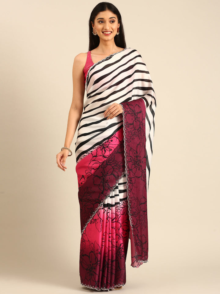 Pink Satin printed saree with Swarovski embroidery
