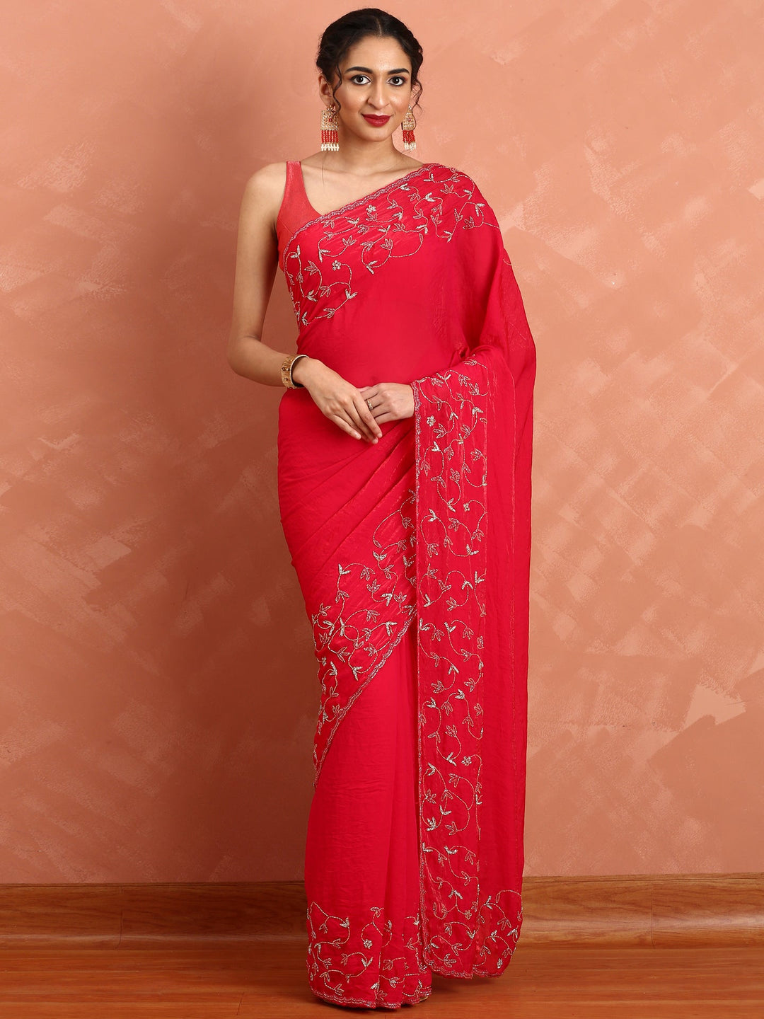 Neerus Pink net hand embroidered saree - front view