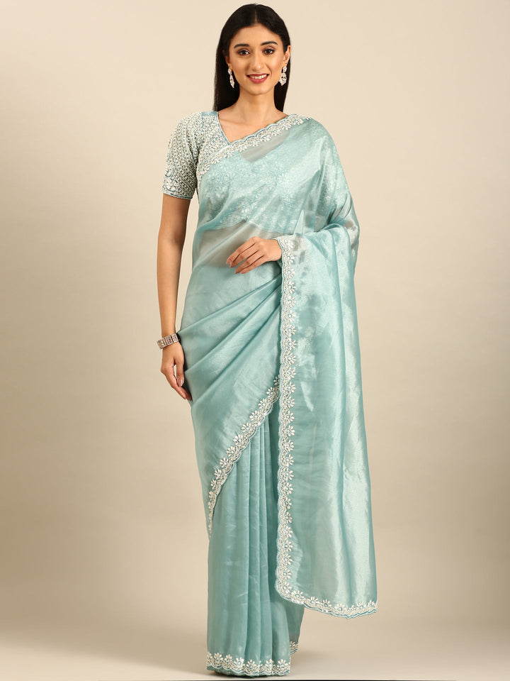 Neerus Blue tissue embellished saree with pearls and beads - front view