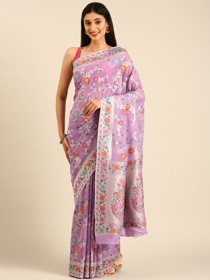 Neerus Purple Banarasi woven saree with meenakari border - front view