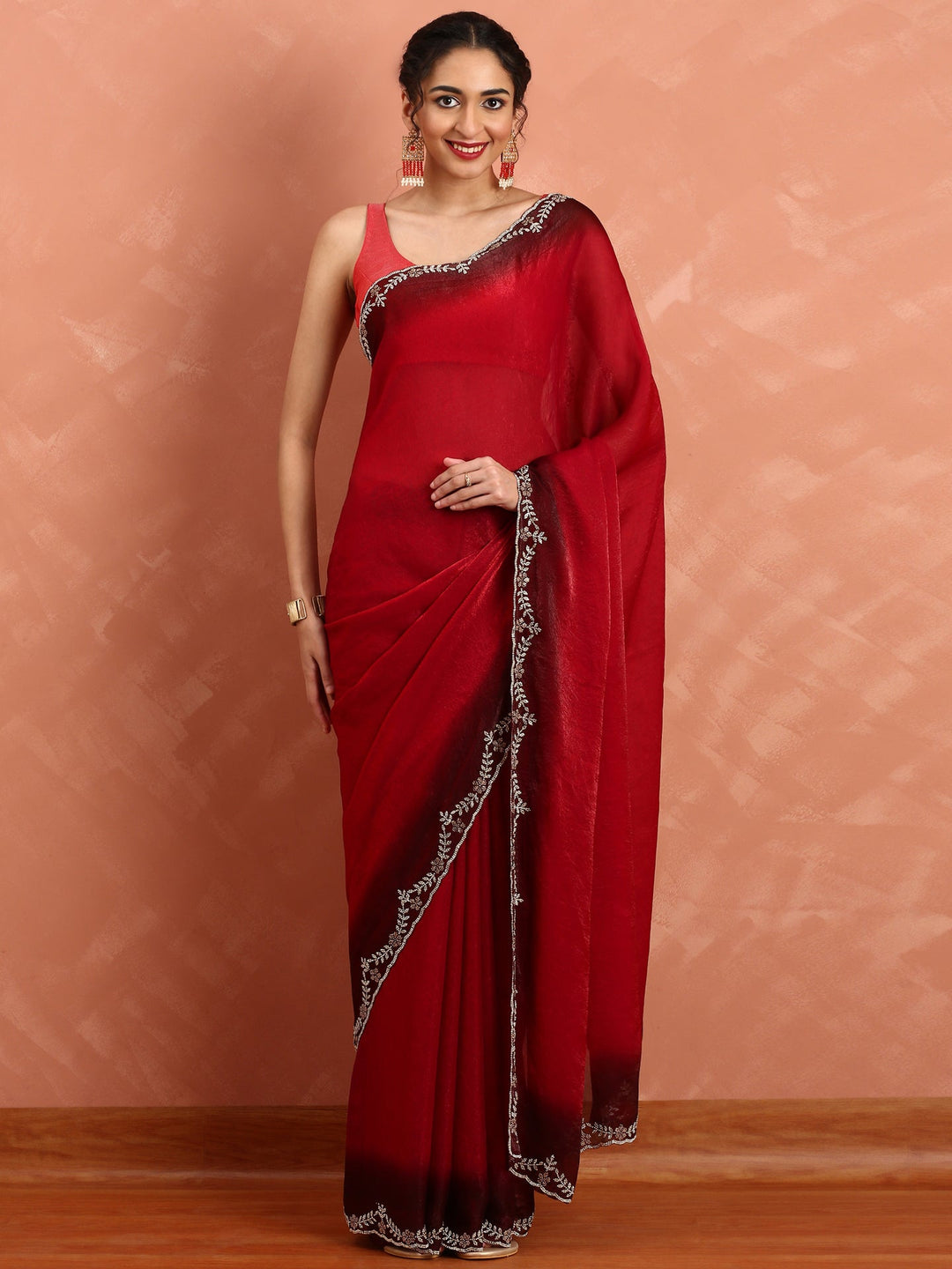 Neerus Red tissue hand embroidered saree - front view