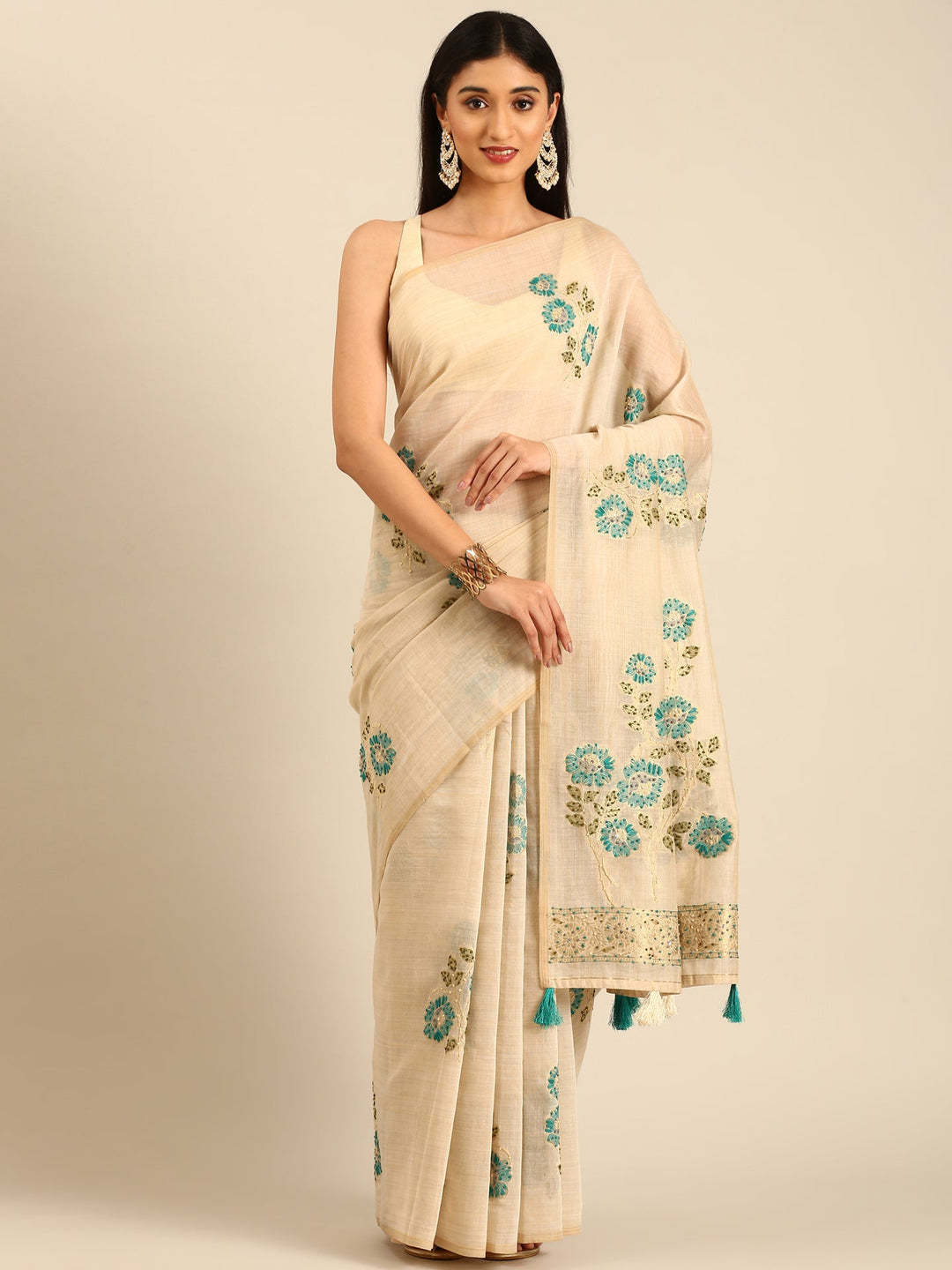 Neerus Beige Chanderi embellished saree - front view