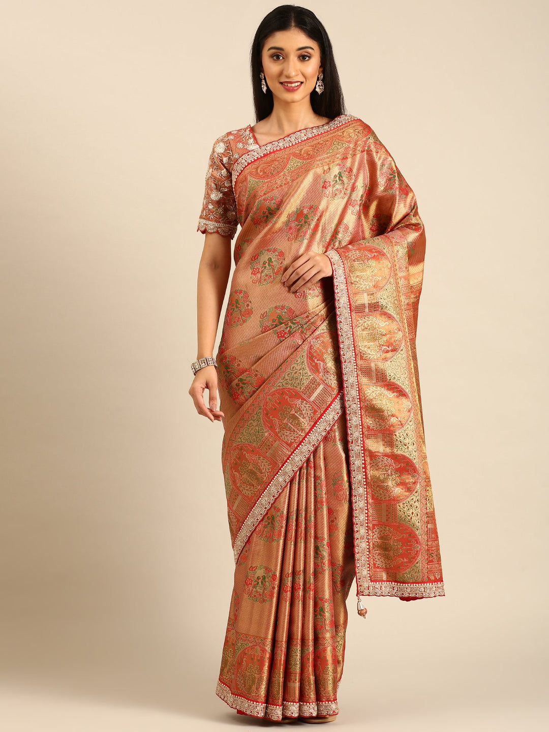 Neerus Red Banarasi hand embroidered saree with gold zardozi work - front view