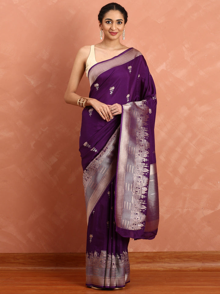 Neerus Maroon Banarasi woven saree - front view