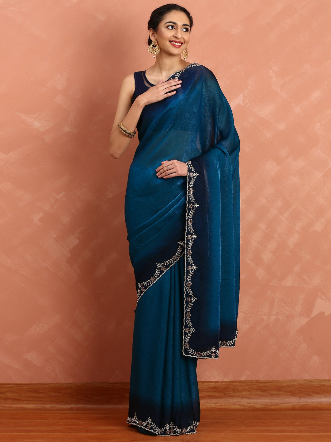Neerus Blue tissue embellished saree - front view