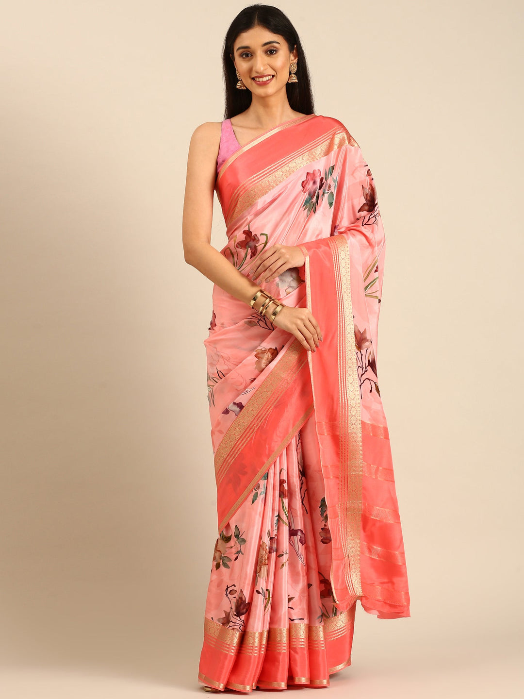 Neerus Pink crepe woven saree with zari border - front view