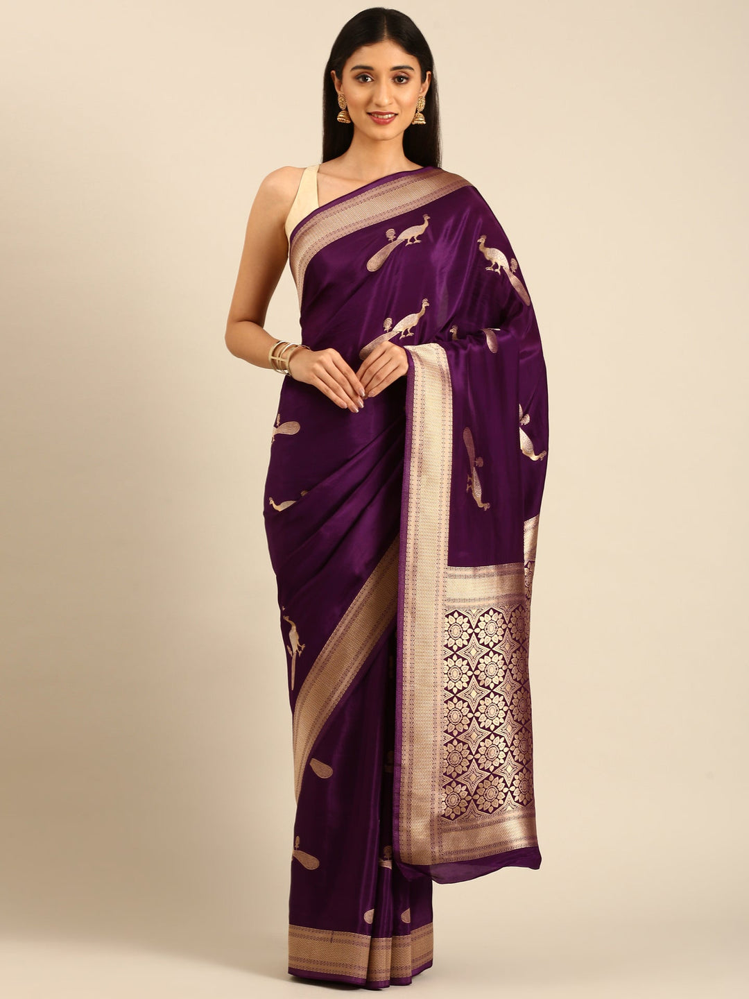 Neerus Maroon Banarasi woven saree with peacock motifs and zari border - front view