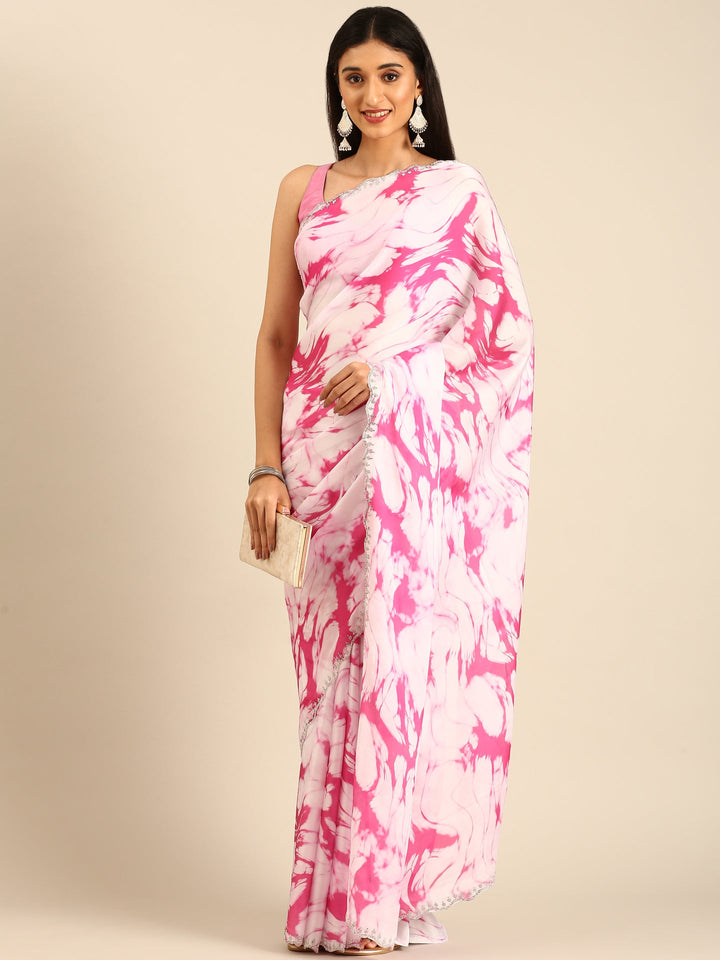 Neerus Pink satin embellished saree - detail view 1