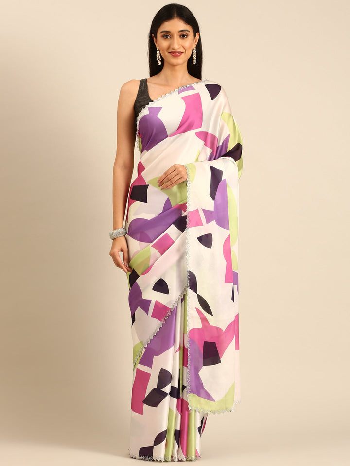 Neerus White satin embellished saree cream purple printed - front view