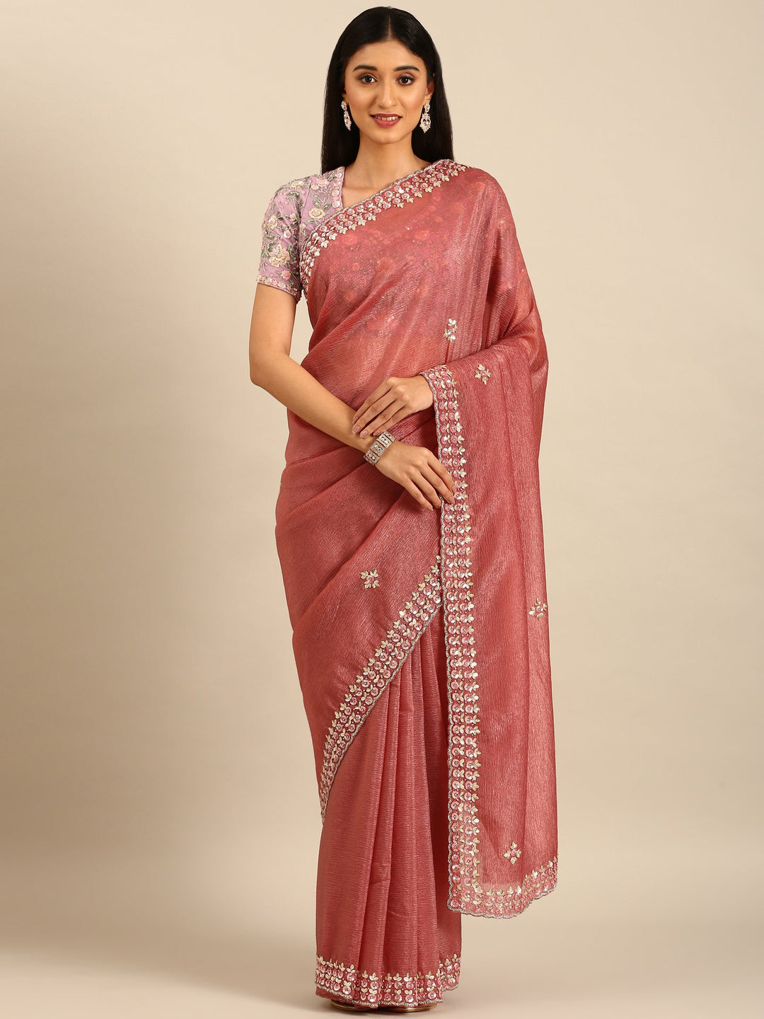 Neerus Pink tissue embellished saree with sequins and pearls - front view