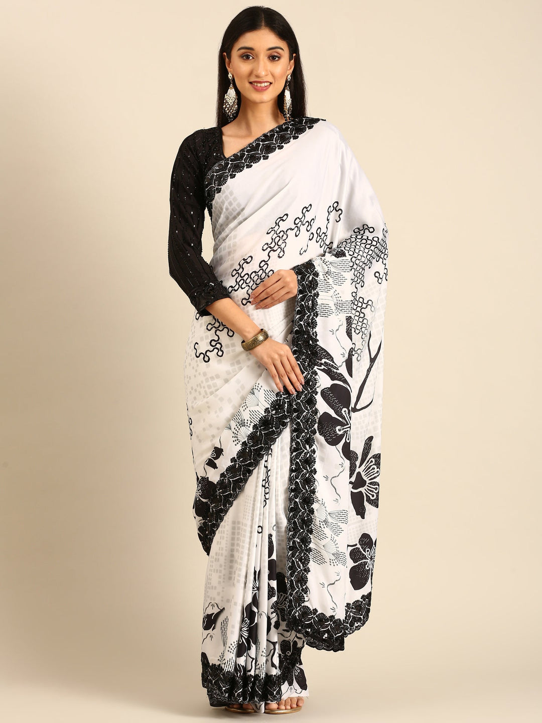Neerus Black satin hand embroidered saree - detail view 1