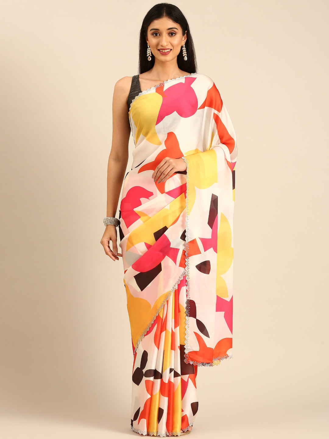 Neerus Satin Embellished Printed Saree with Swarovski Border - front view
