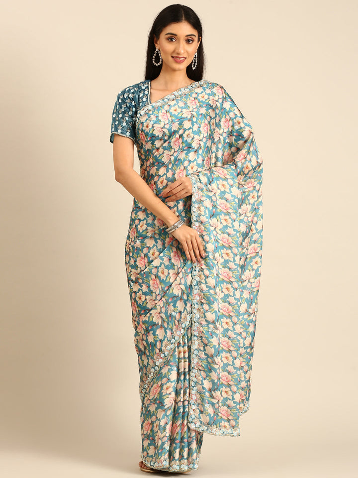 Blue floral printed satin saree with pearls & sequins embroidery with heavy ready made blouse