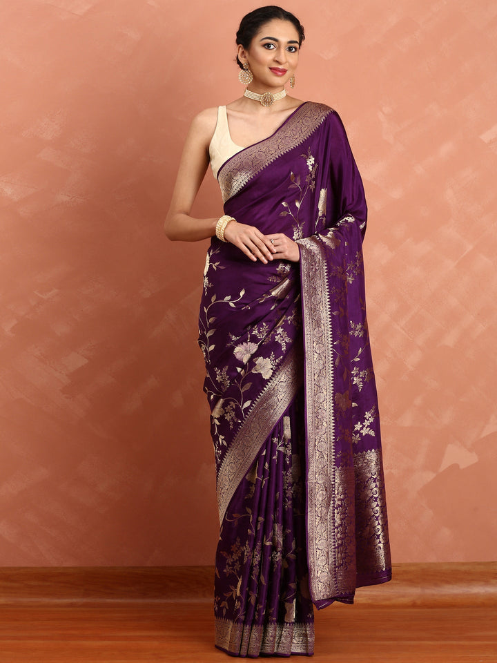 Neerus Maroon Banarasi woven saree with gold motifs - front view