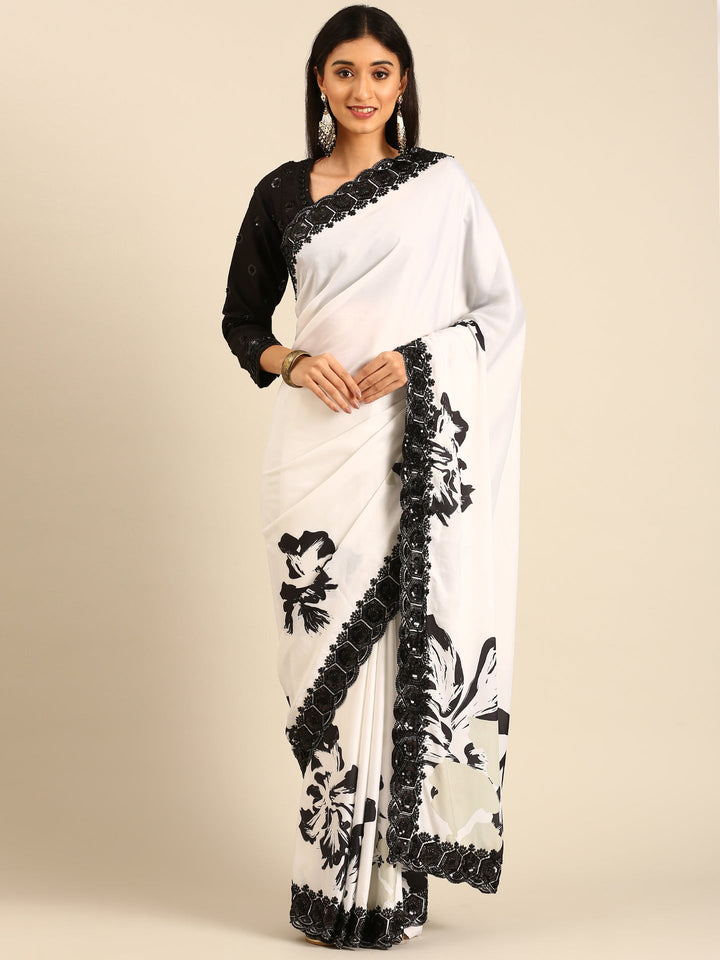 Black & White Satin Printed Saree With Hand Embroidery & Readymade Blouse