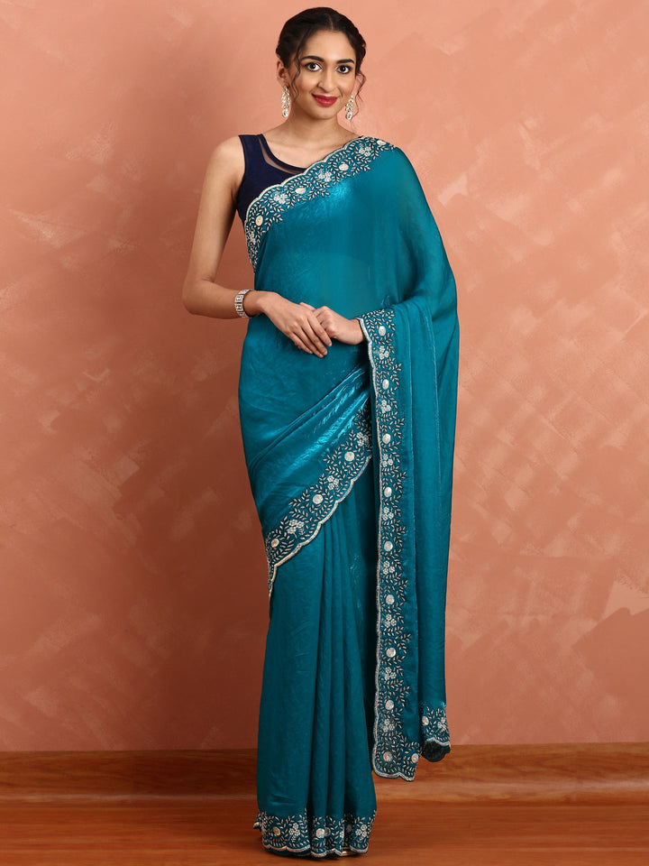 Peacock green jimmy saree with hand embroidery