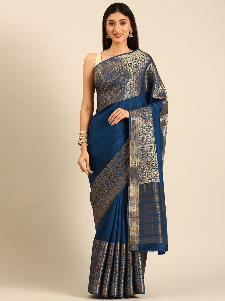 Neerus Blue Crepe Woven Saree with Zari Jaal Border - front view