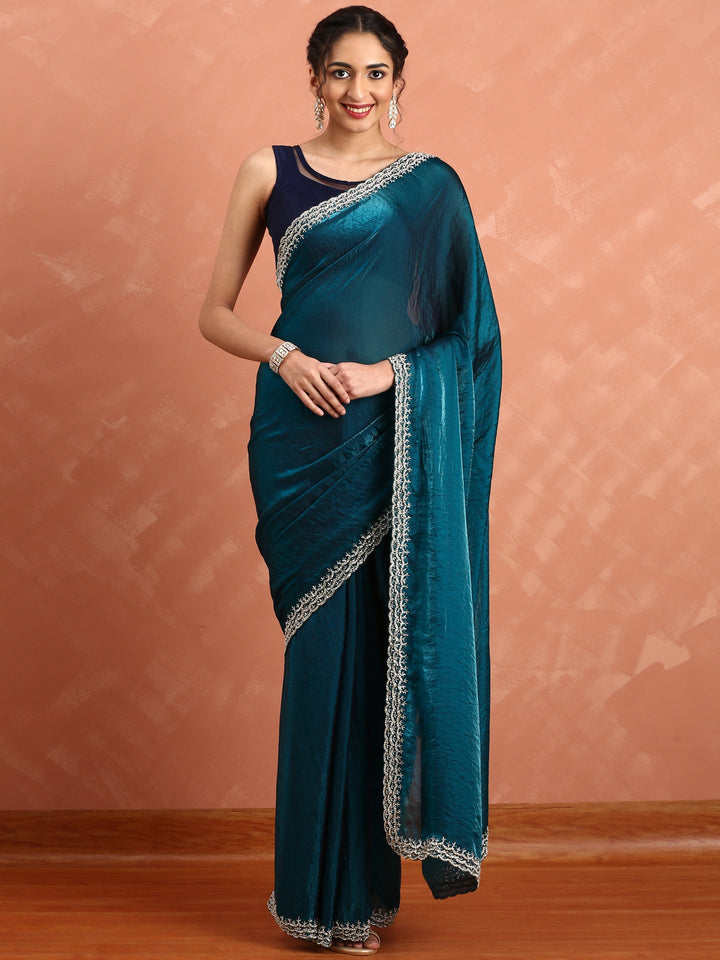 Neerus Blue Jimmy embellished saree with pearl and cut Dana embroidery - detail view 1