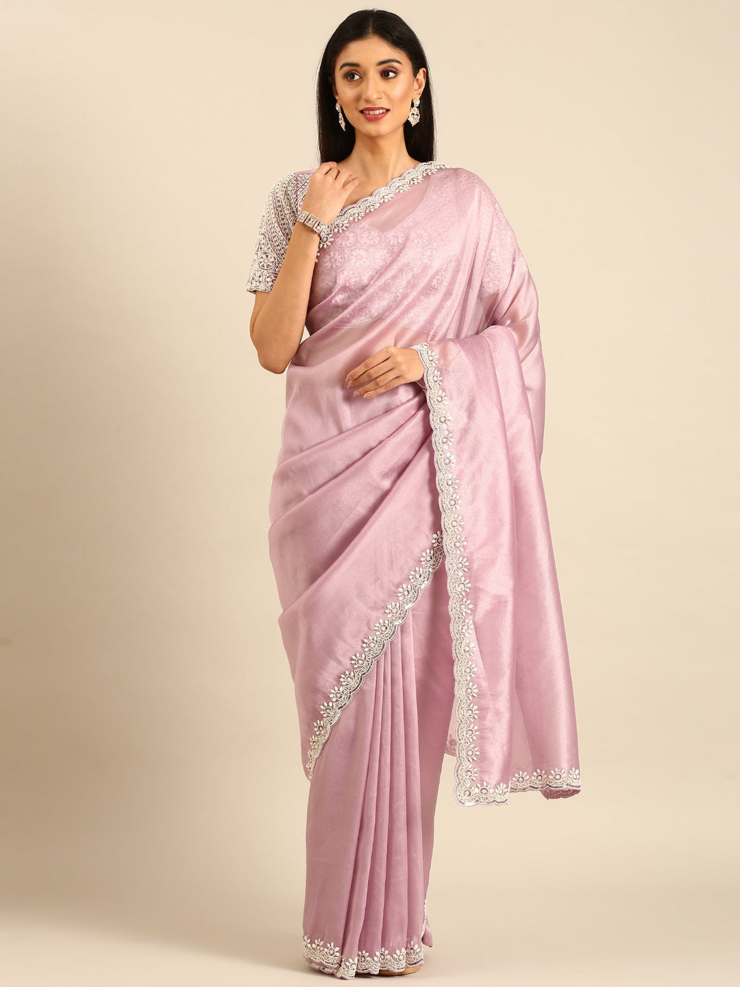Neerus Purple tissue embellished saree with readymade blouse - front view