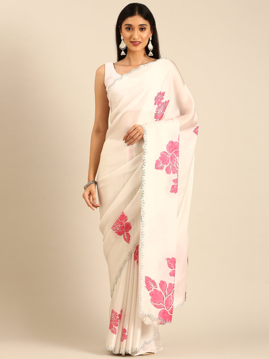 Neerus White satin embellished saree with pink floral motifs - front view