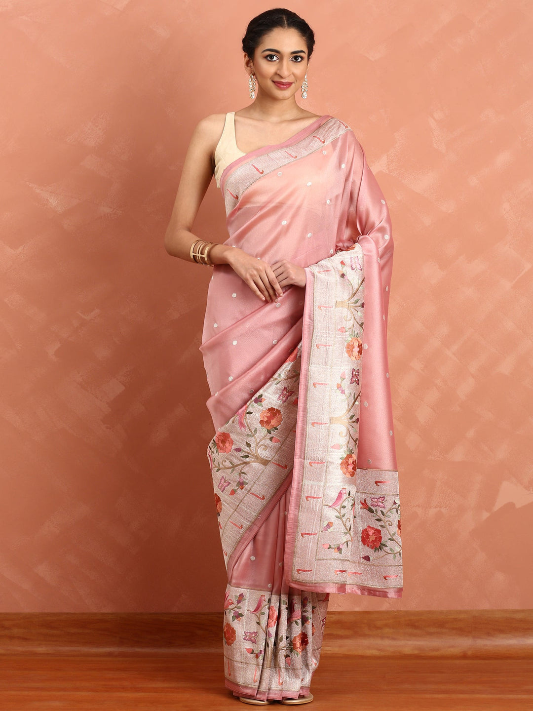 Neerus Pink Banarasi woven saree with Meena border - front view