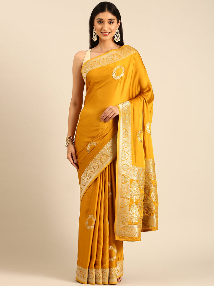 Neerus Yellow Banarasi woven saree with zari border - front view