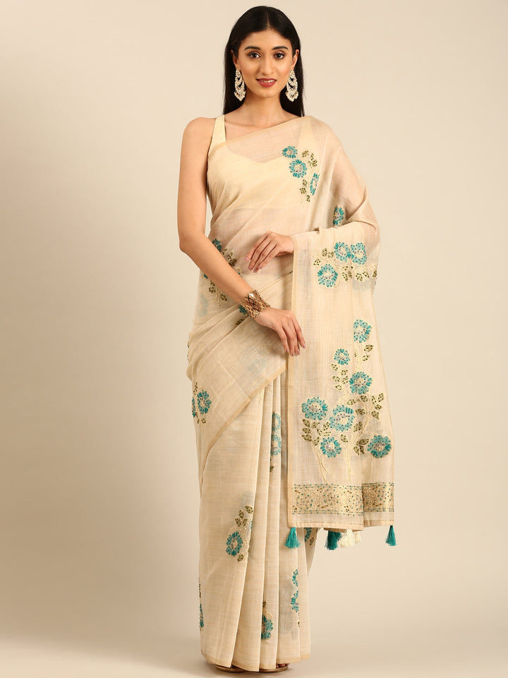 Cream Chanderi Silk Saree With Sequins And French Knot Embroidery