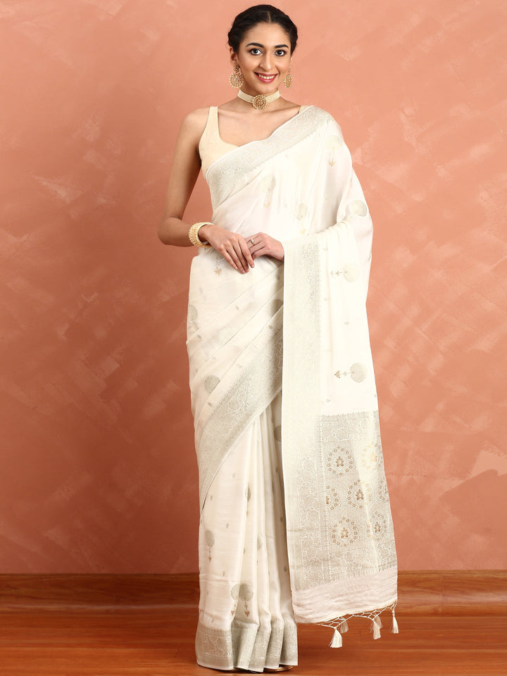 Neerus White Banarasi woven silk saree with zari border - back view
