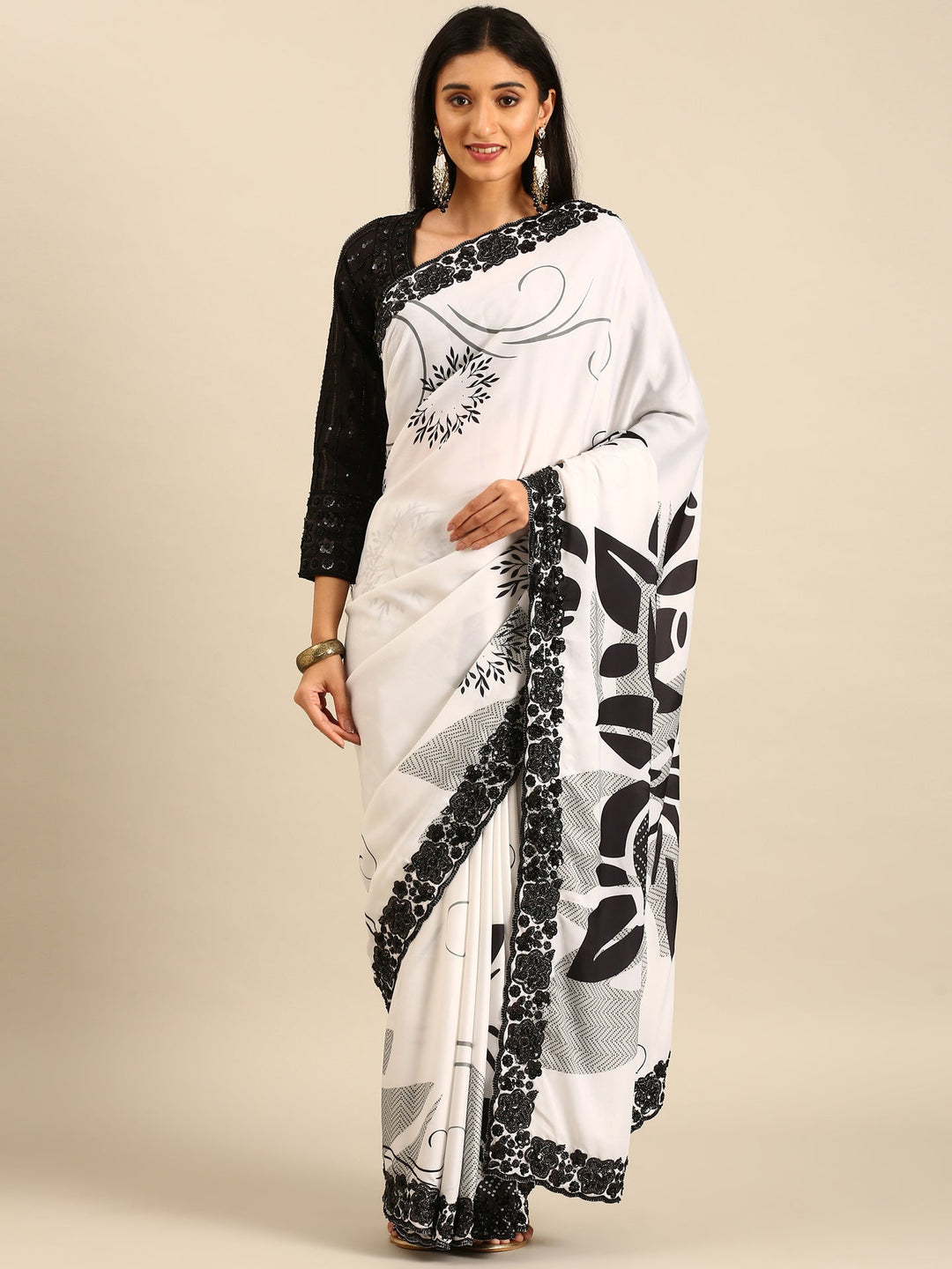 Neerus Black satin hand embroidered printed saree - front view