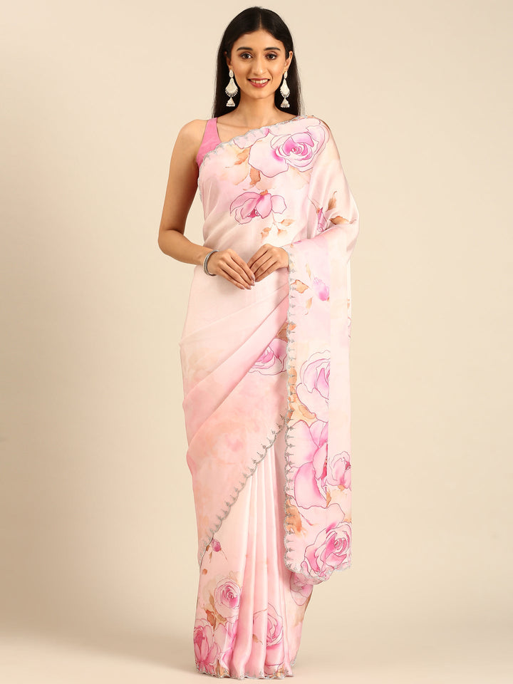 Pink satin floral printed saree with Swarovski embroidery