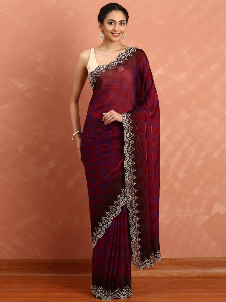 Neerus Maroon organza hand embroidered saree - front view