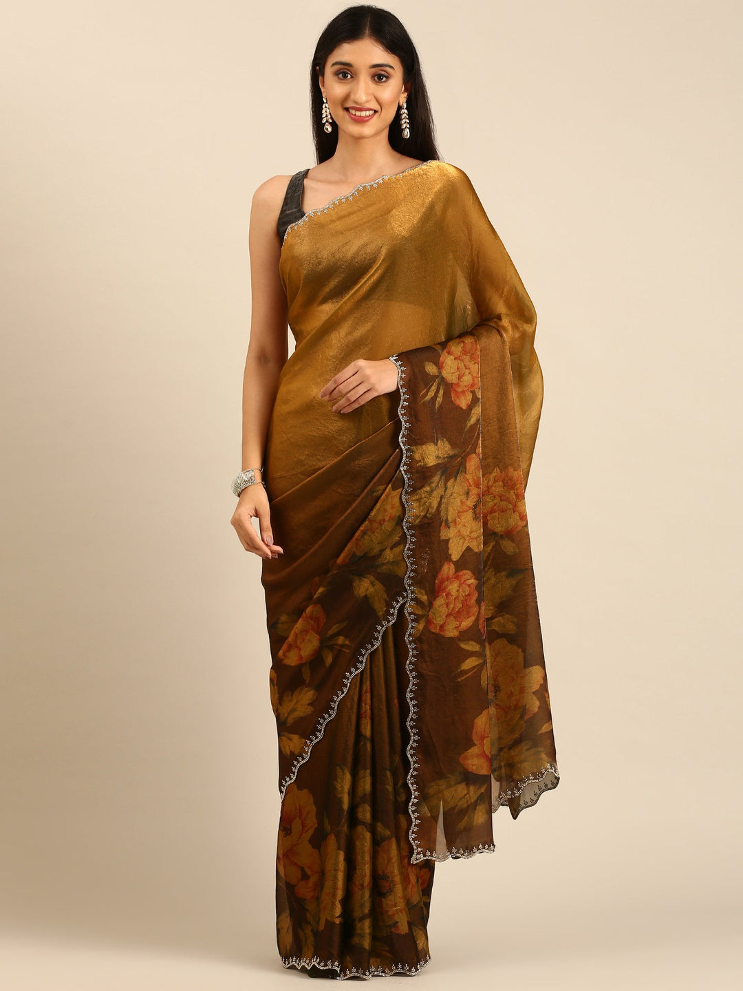 Neerus Gold tissue embellished saree with floral print - front view